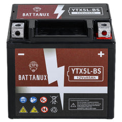 Battanux YTX5L-BS side view highlighting maintenance-free sealed AGM construction.