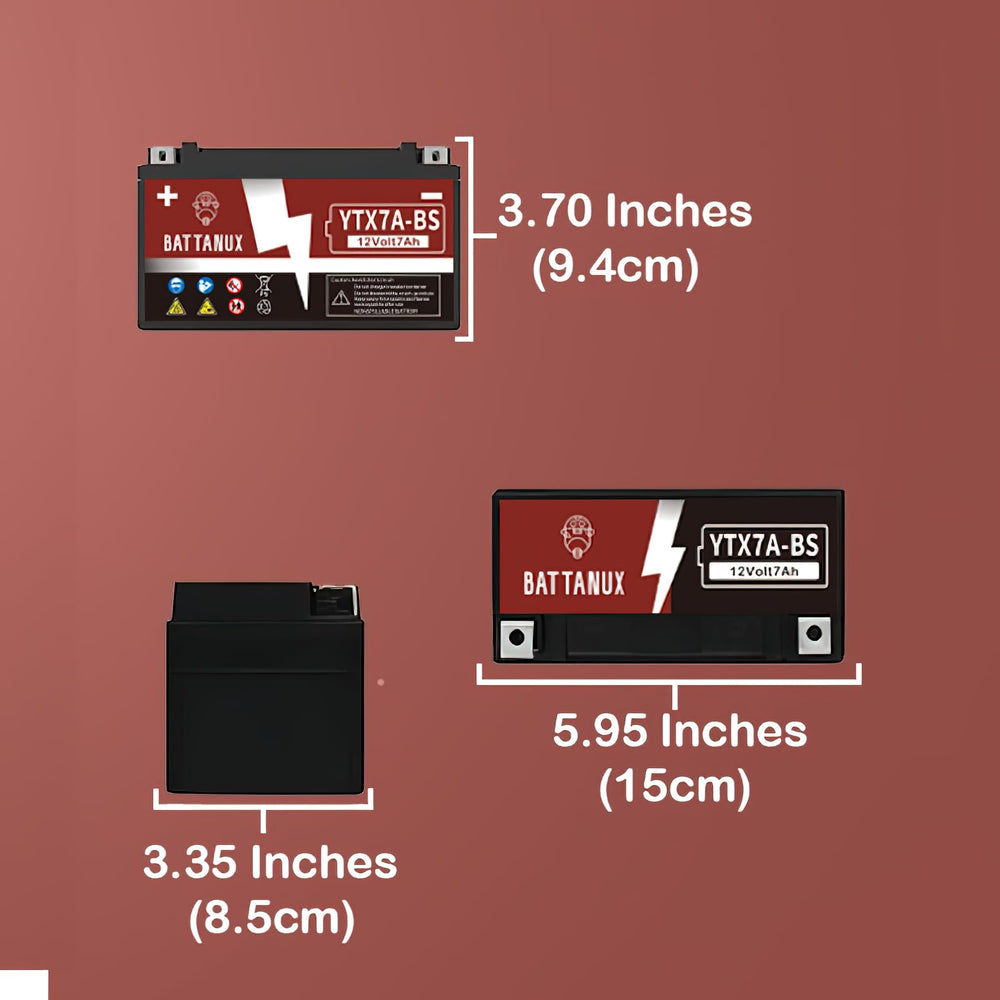 Battanux YTX7A-BS label highlights 12V7Ah and 105 CCA for strong starts