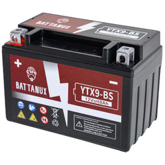 Battanux YTX9-BS battery closeup with sturdy terminals for dependable power.