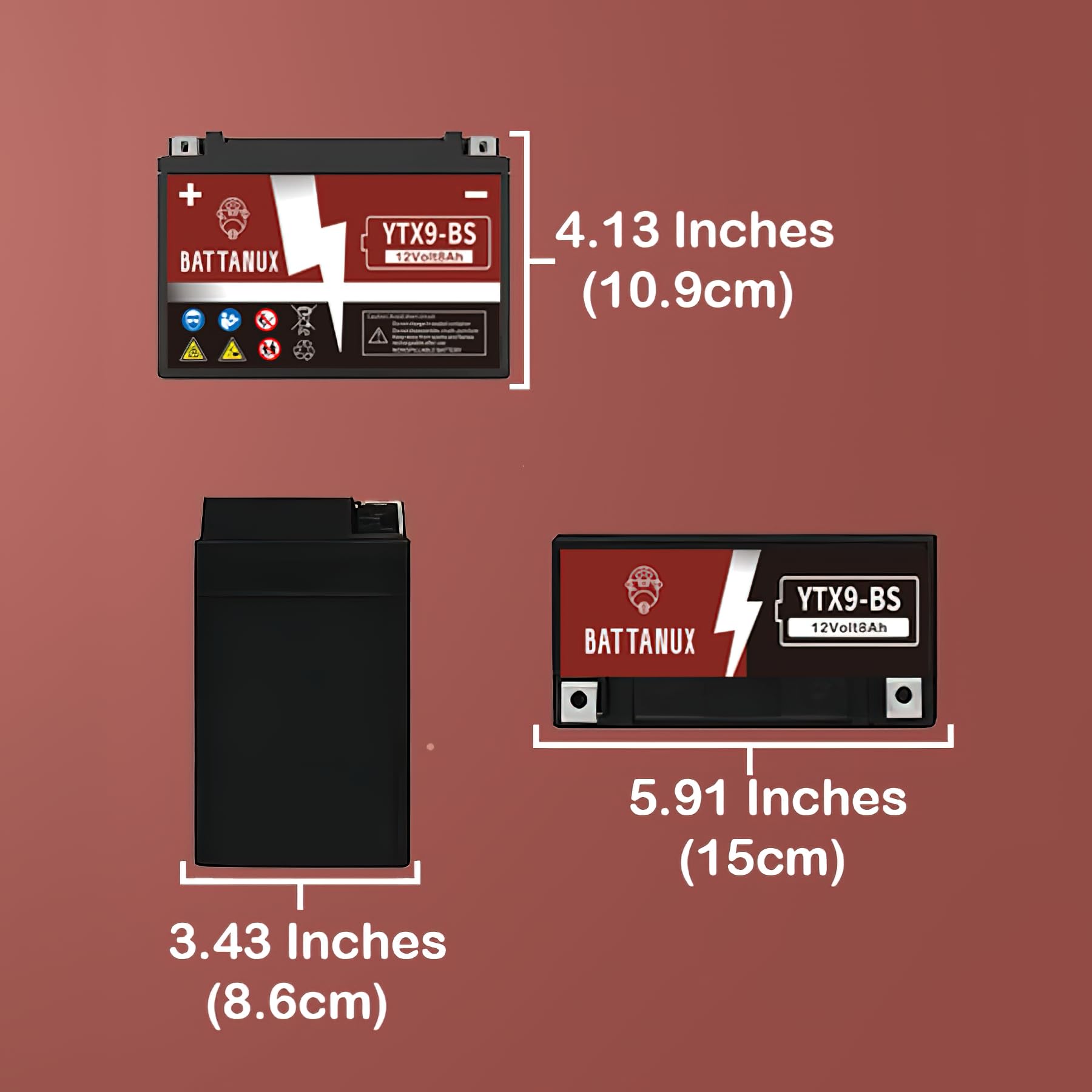 Battanux YTX9-BS specs label communicates 12V8Ah capacity.