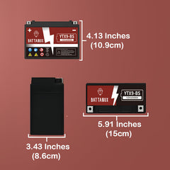 Battanux YTX9-BS specs label communicates 12V8Ah capacity.