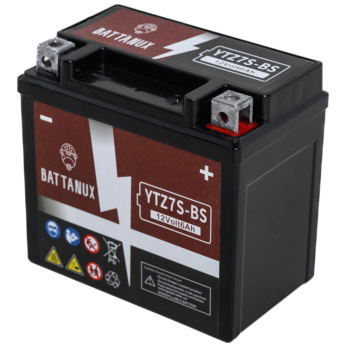 Battanux YTZ7S-BS battery front view showing compact design for easy mounting.