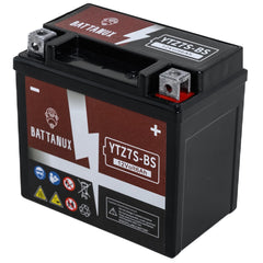 Battanux YTZ7S-BS battery front view showing compact design for easy mounting.