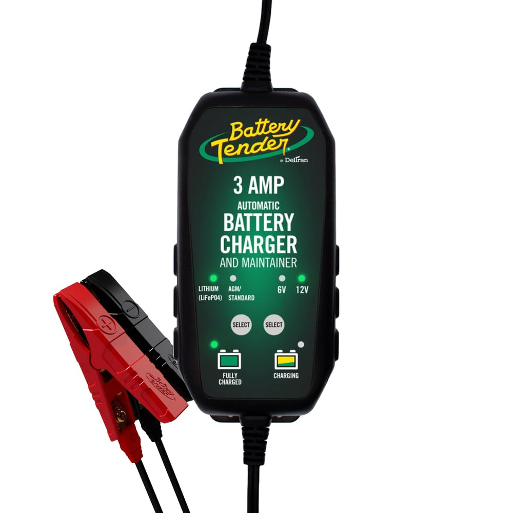 Battery Tender 3A charger front view demonstrates compact, user-friendly design for cars and SUVs.