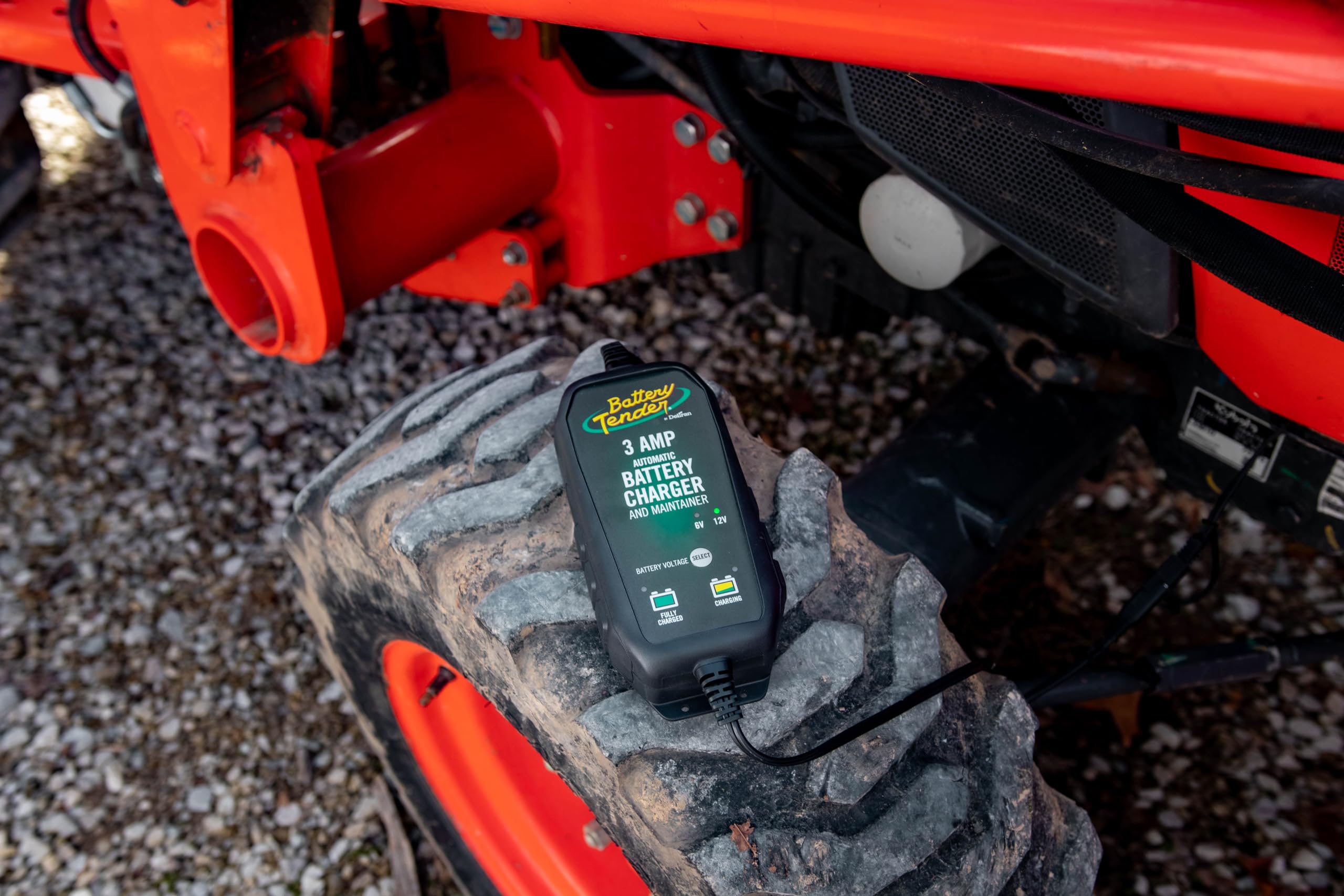 Battery Tender 3A compact design emphasizing portability and space-saving storage.