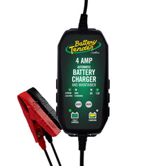 Battery Tender 4-Amp charger front view, compact design ideal for home garages.