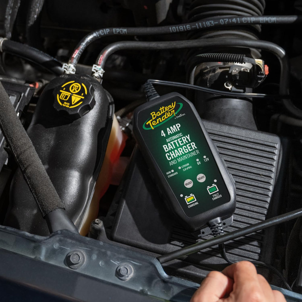 Battery Tender 4-Amp charger LED indicator clearly showing charging status.