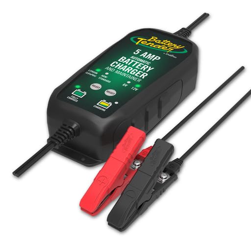 Battery Tender 5A 12V charger with visible AC cord for plug-and-use setup.