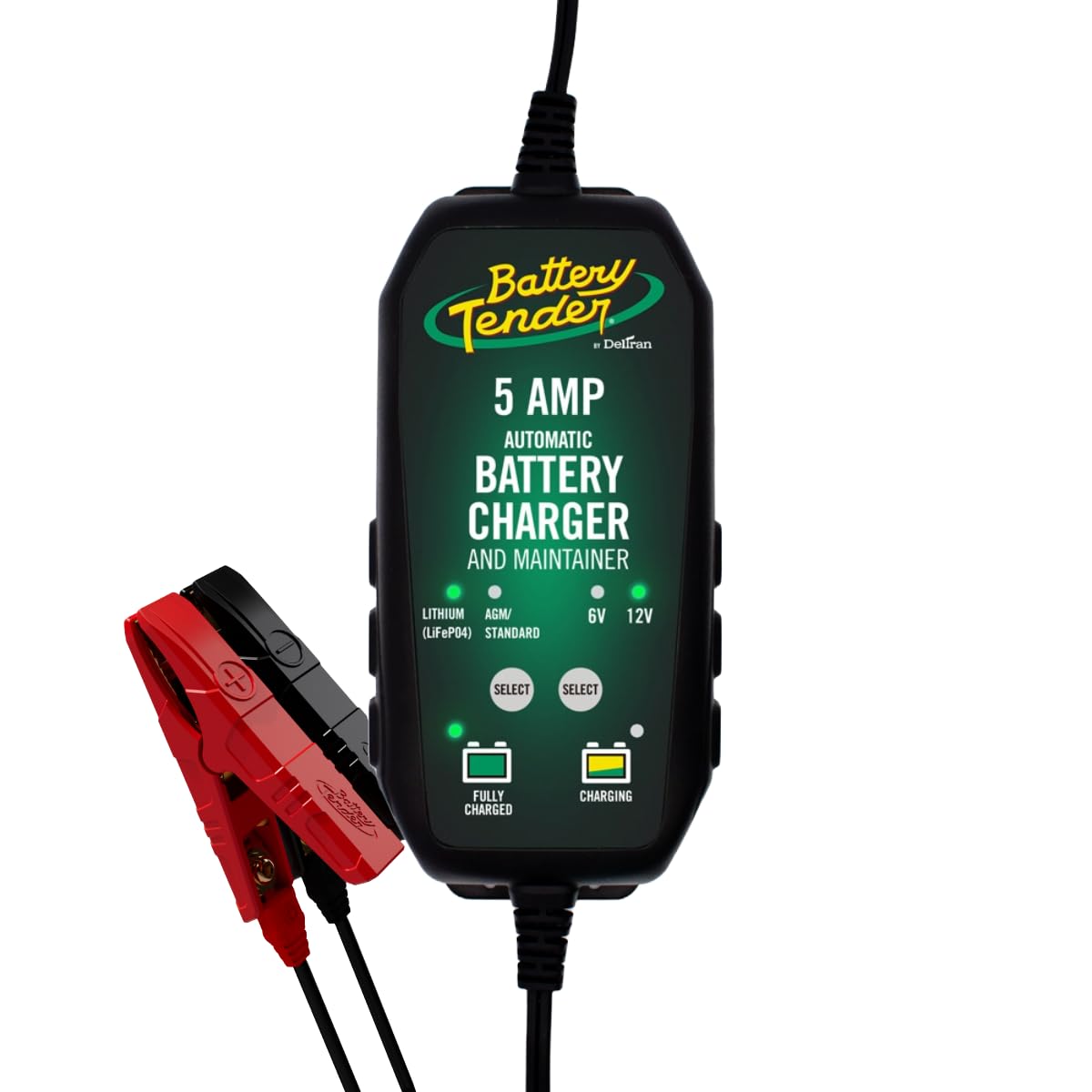 Battery Tender 5A 12V charger front view showing compact design for auto battery maintenance.