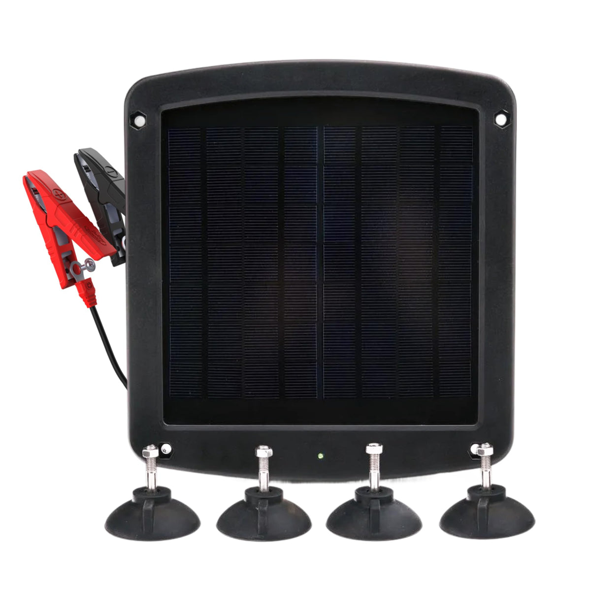 Battery Tender 5W solar panel mounted on windshield for portable charging on the go.