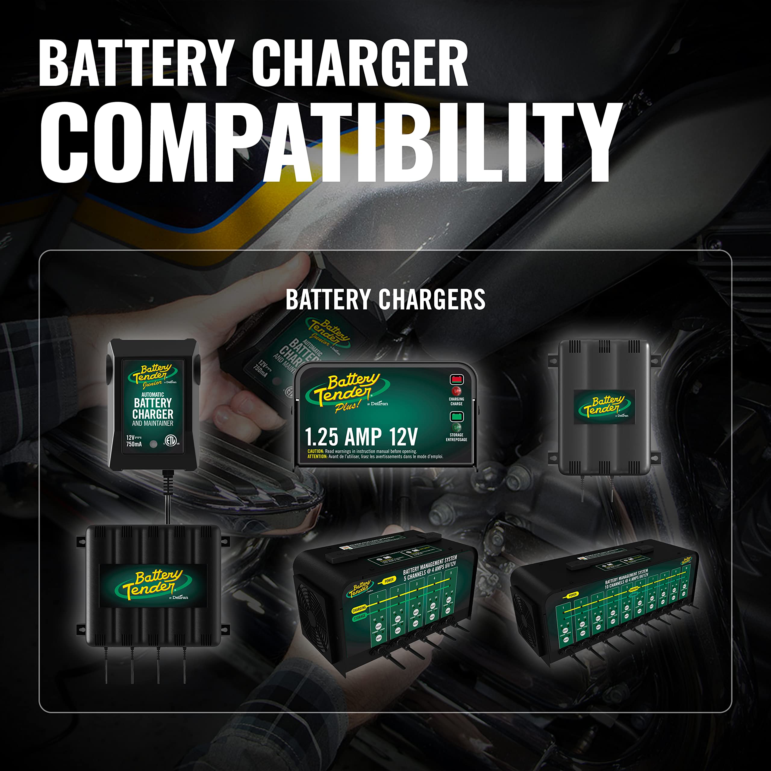 Battery Tender extension cables support motorcycles, cars, and ATVs.