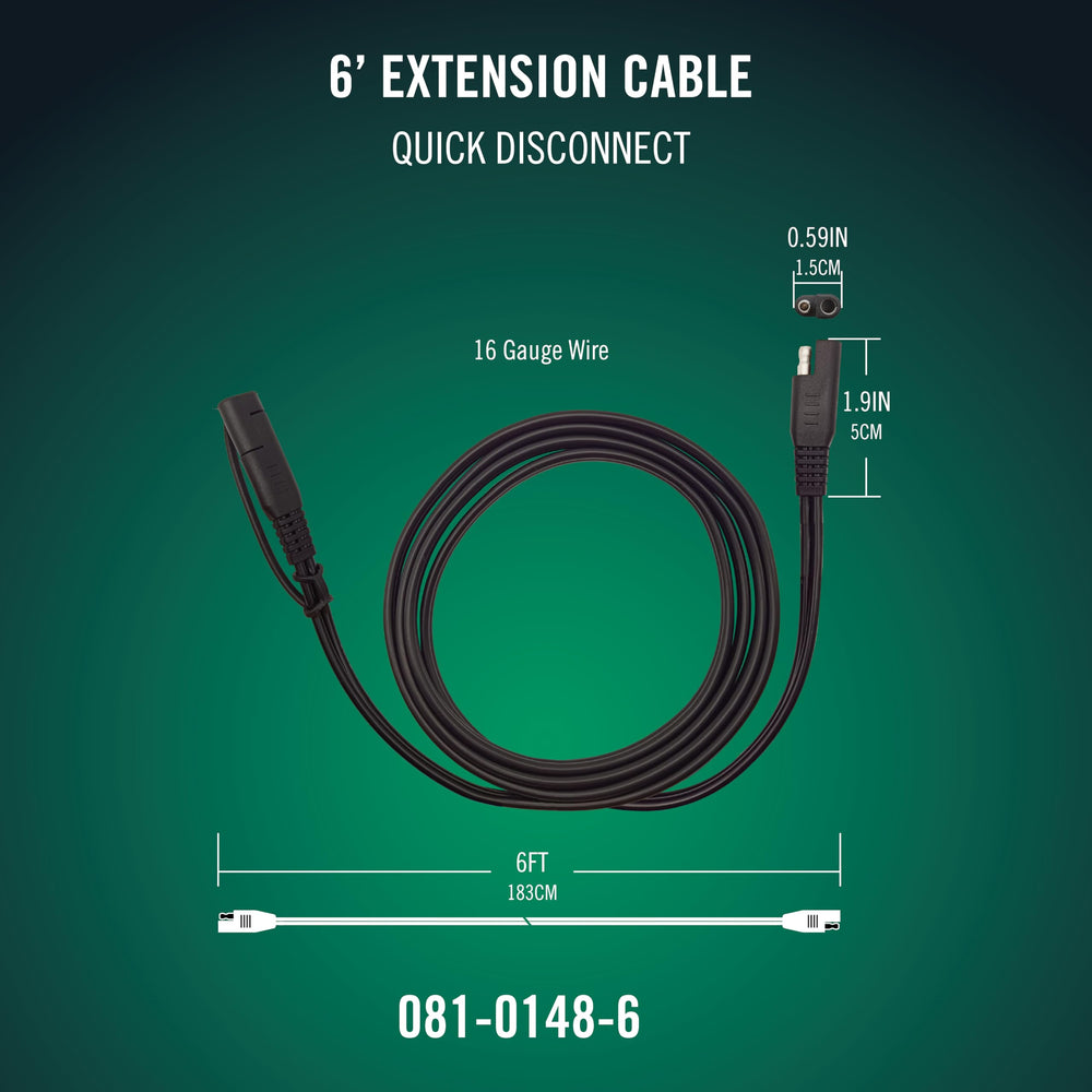 Battery Tender 6ft extension with quick-connect harness simplifies setup.