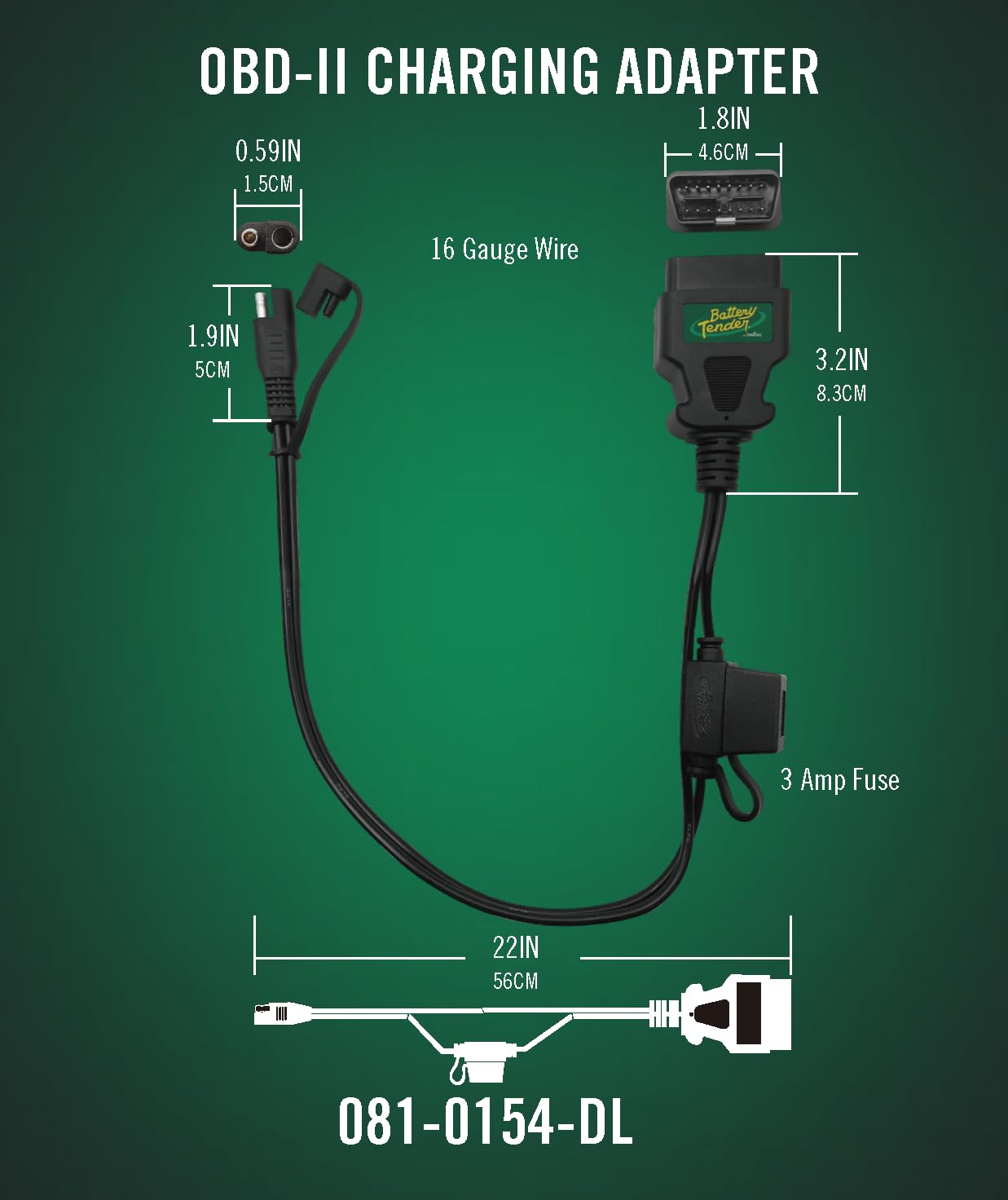 Battery Tender durable 22-inch cable offers flexible reach in tight spaces.