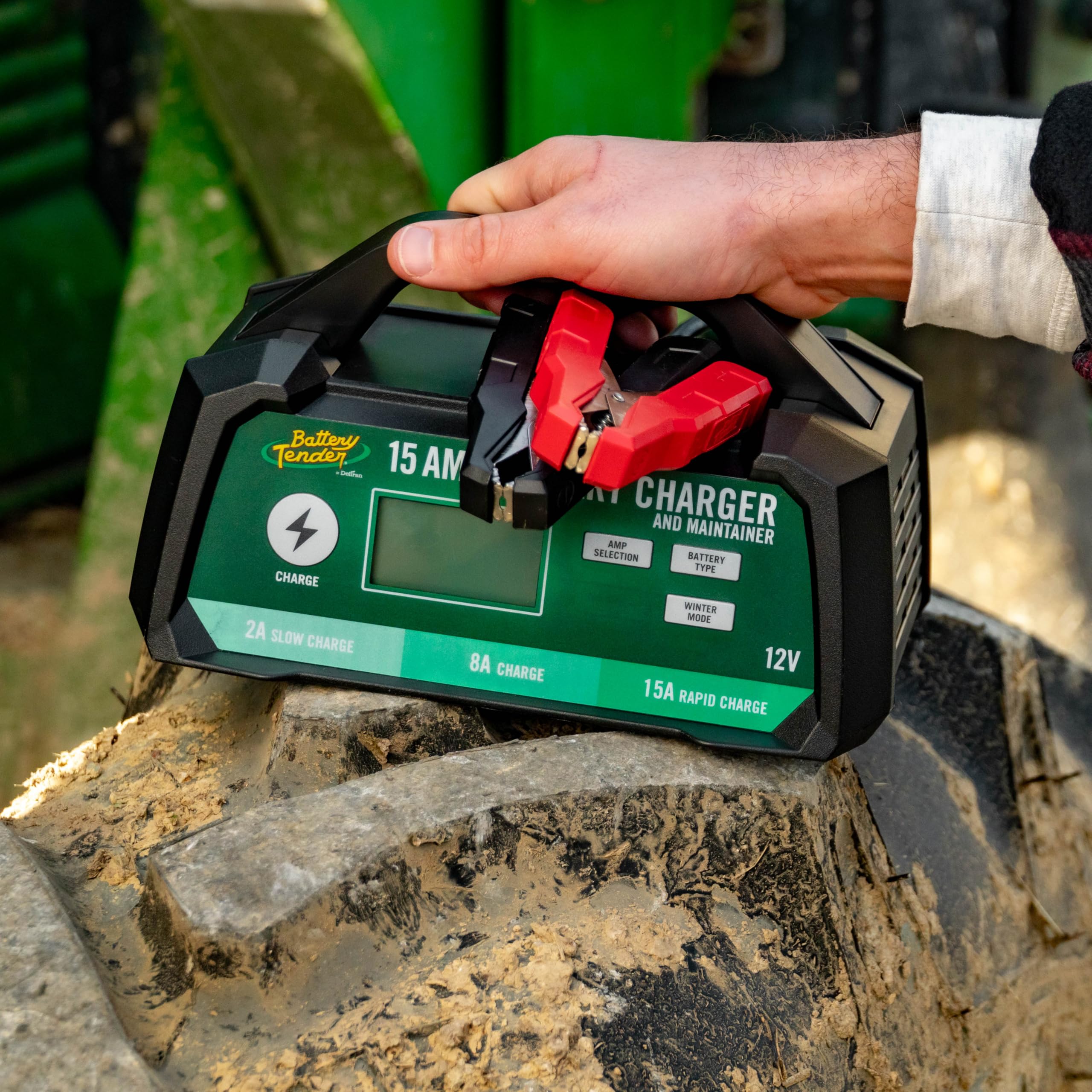 In-use view with Battery Tender maintaining a vehicle battery.