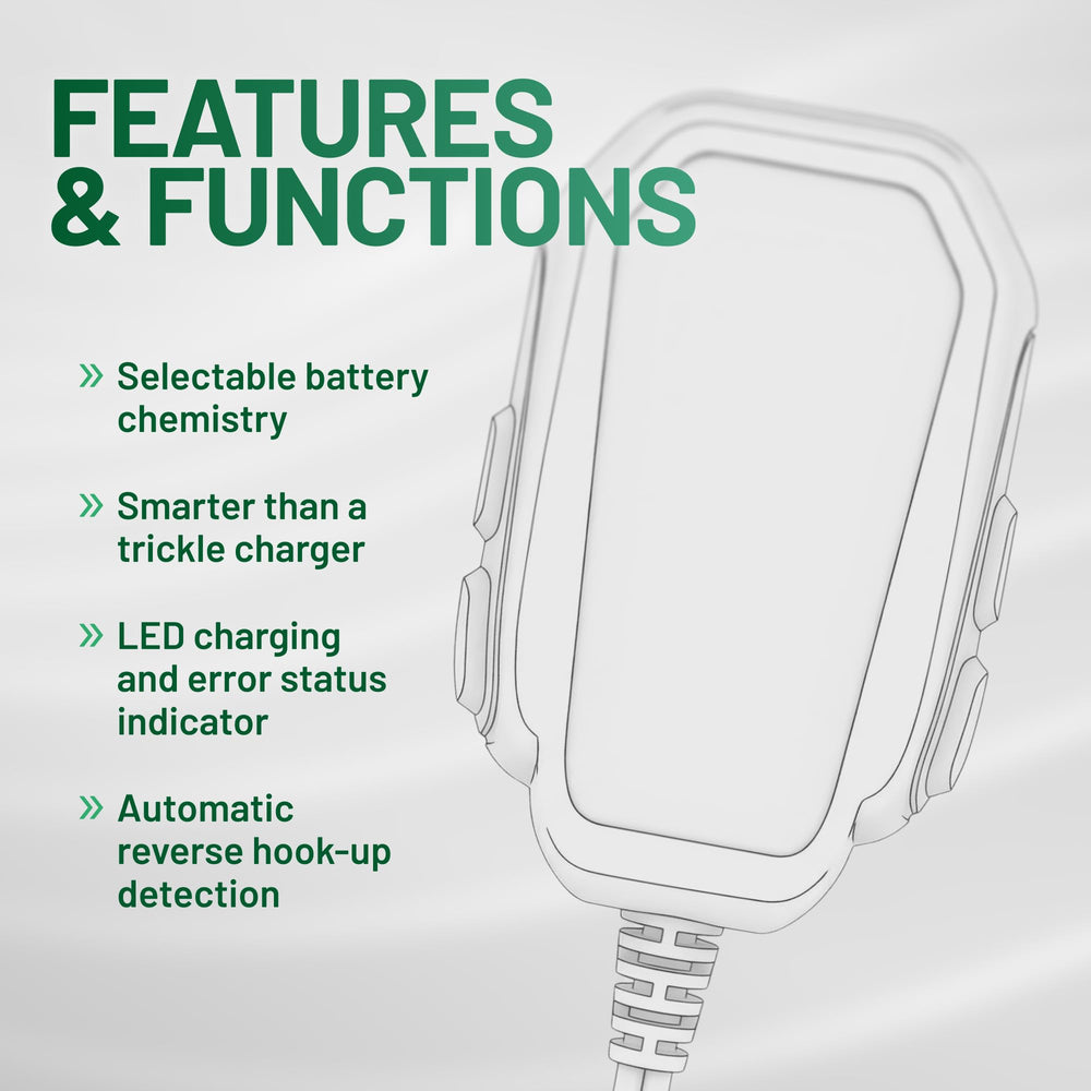 Battery Tender Junior LED indicators show charging status at a glance.