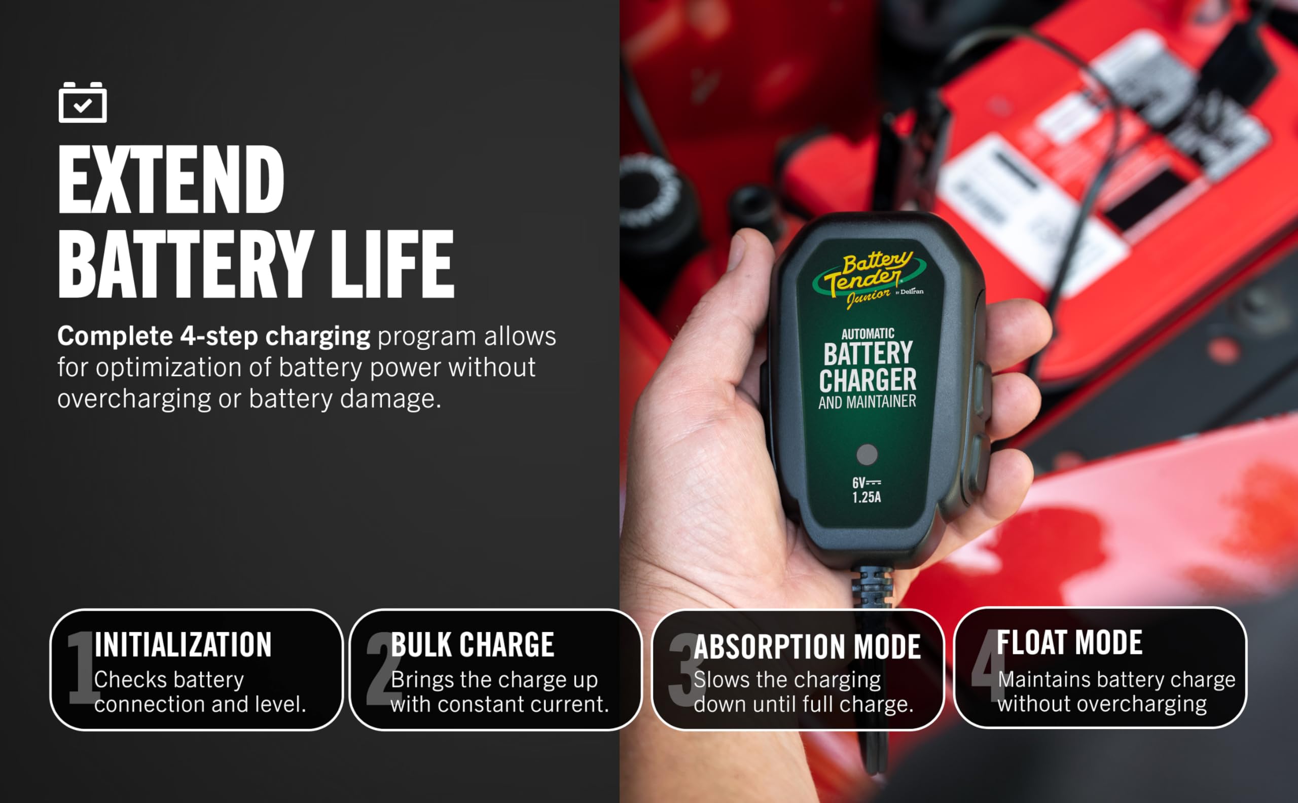 Battery Tender Junior LED status indicator shows charging state at a glance