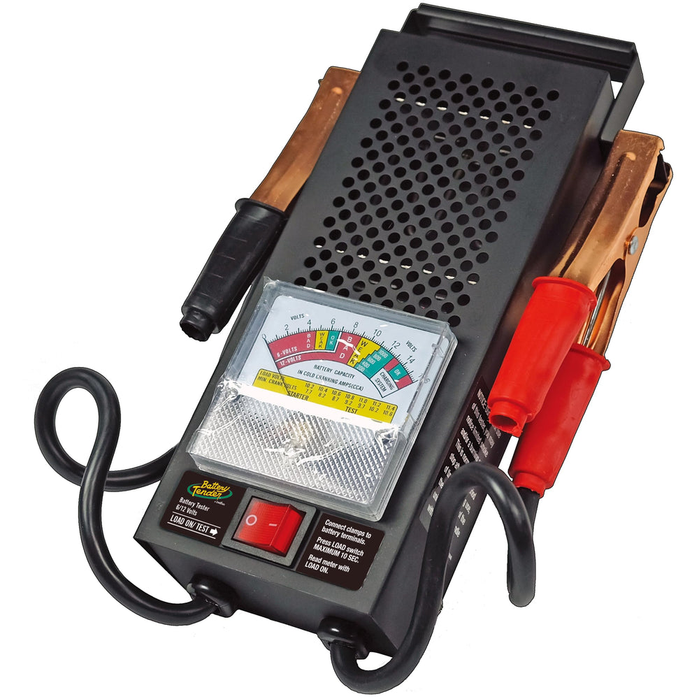 Battery Tender load tester performing 12V test on car battery for health.