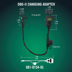Battery Tender OBDII 12V charging via vehicle port for easy maintenance.