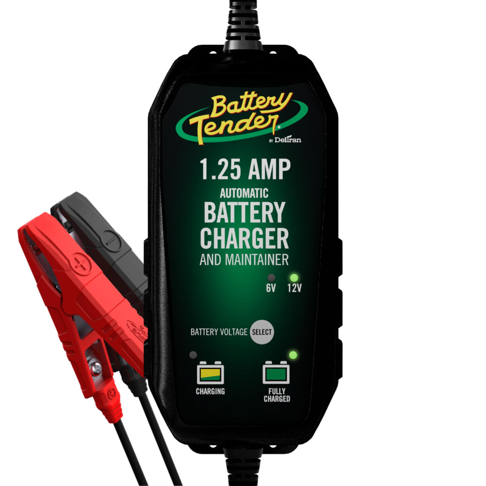 Battery Tender Plus 12V 1.25A charger ready for quick top-ups and maintenance.