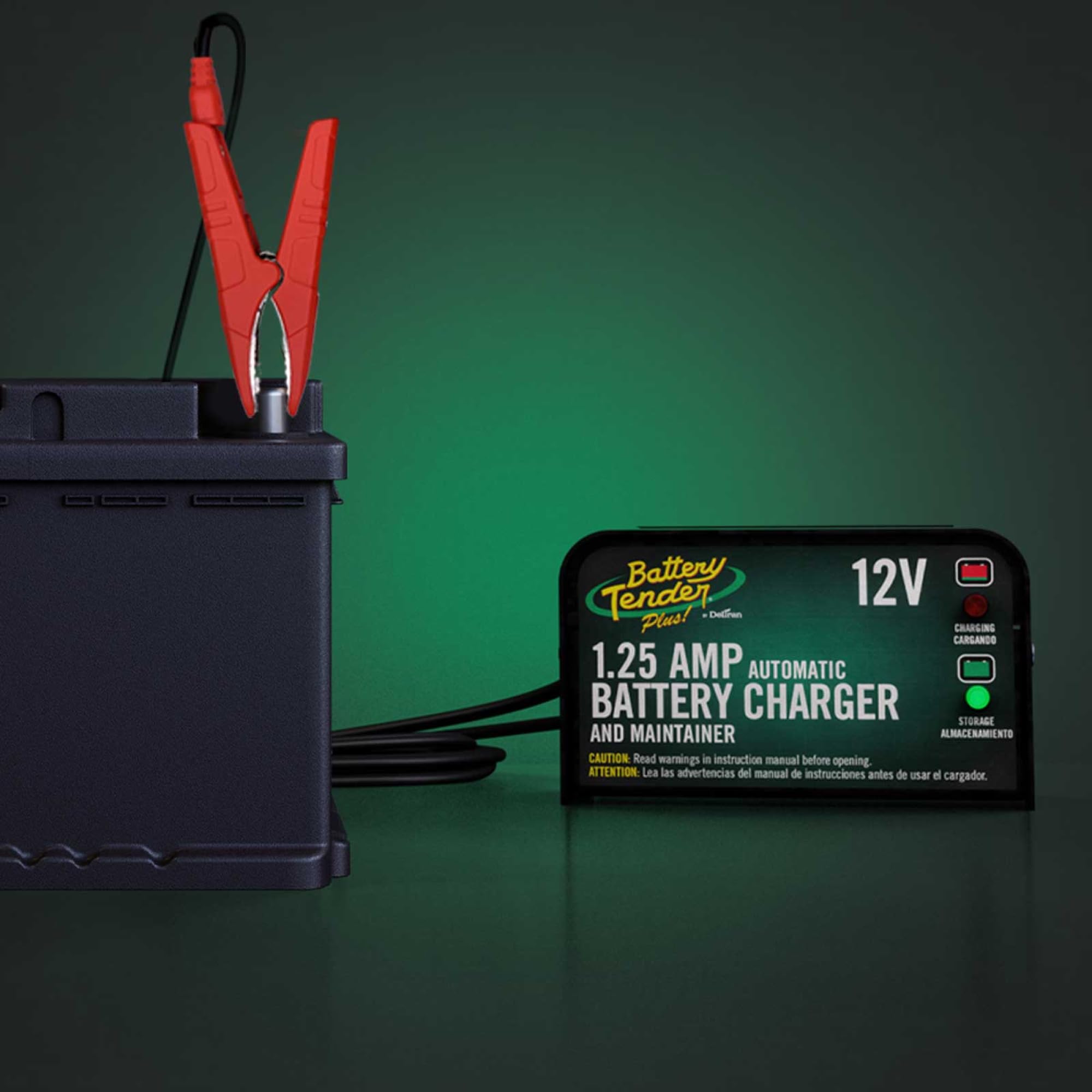 Battery Tender Plus 12V unit with fused ring terminal for secure connections.