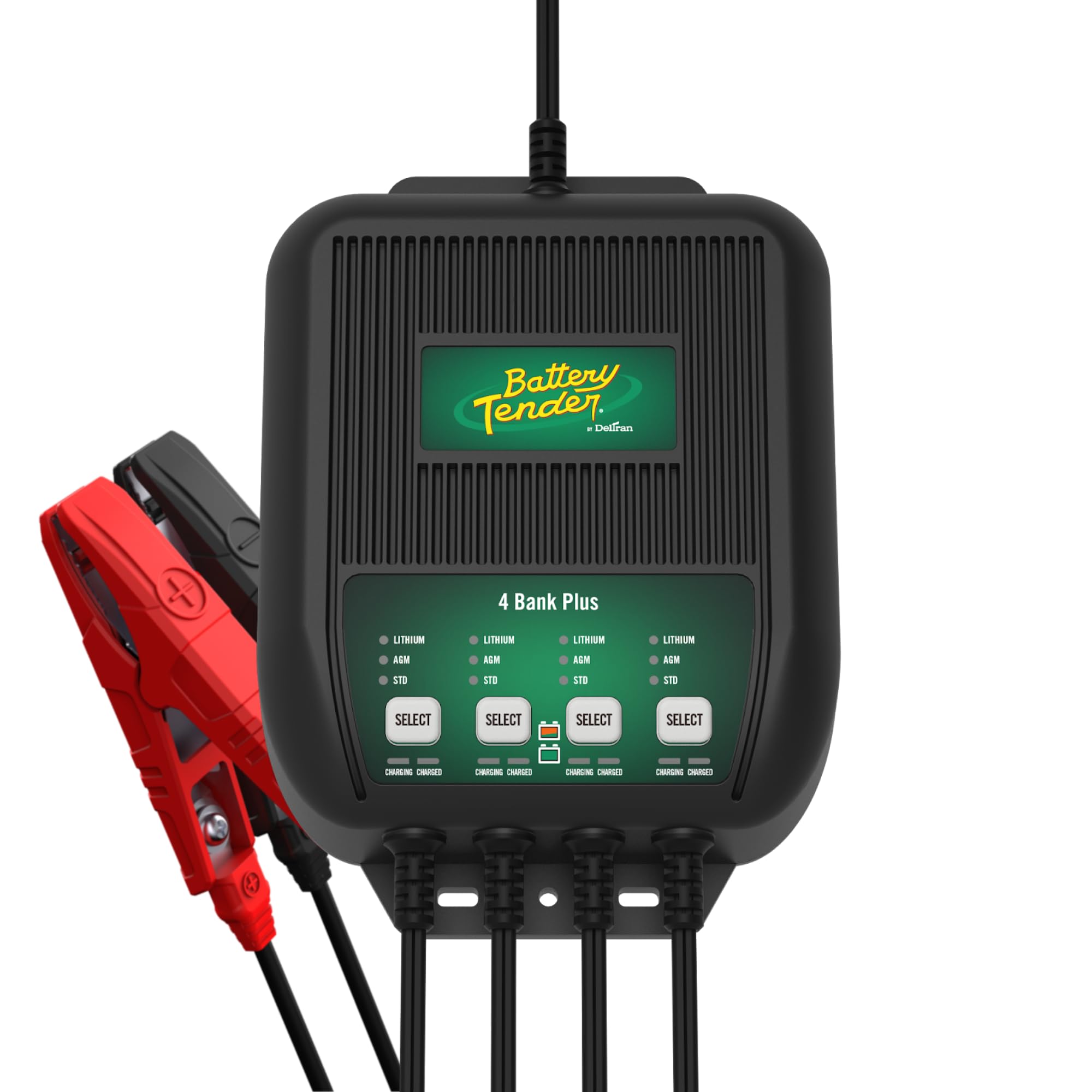 Battery Tender Plus 4-Bank charger front view with four ports for simultaneous maintenance.
