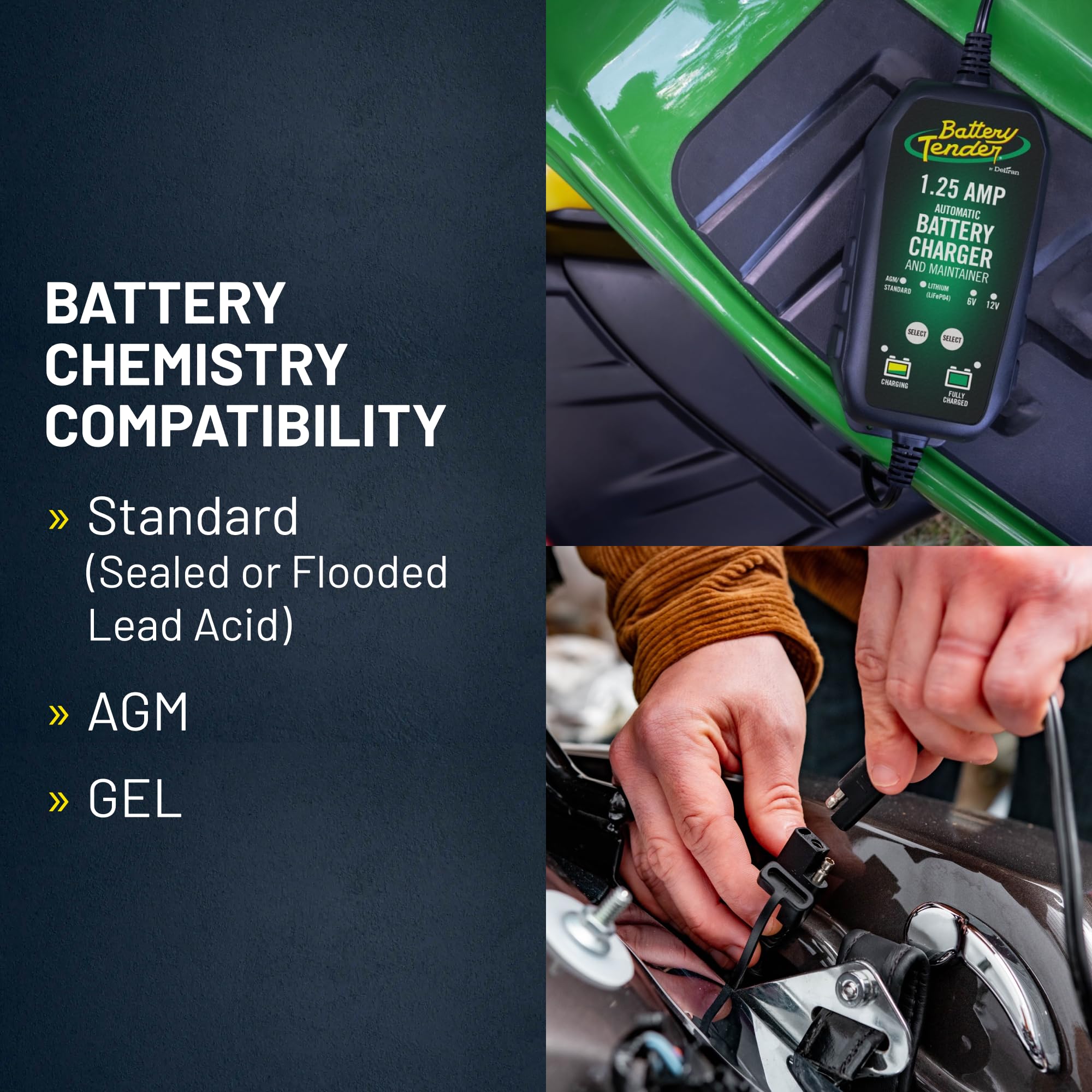 Battery Tender Plus broad compatibility with lead-acid, AGM, and gel batteries.