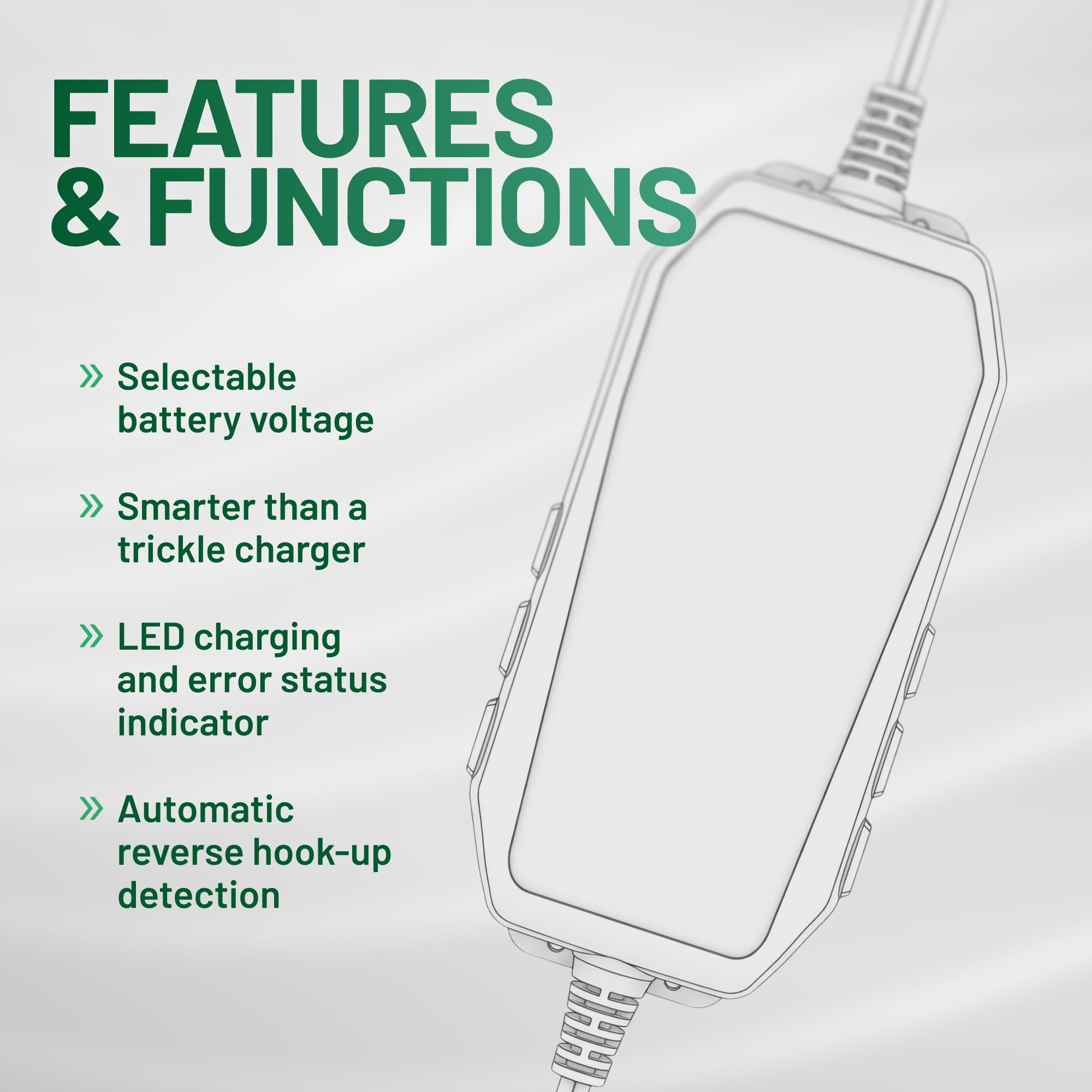 Battery Tender Plus reverse polarity detection prevents incorrect connections.