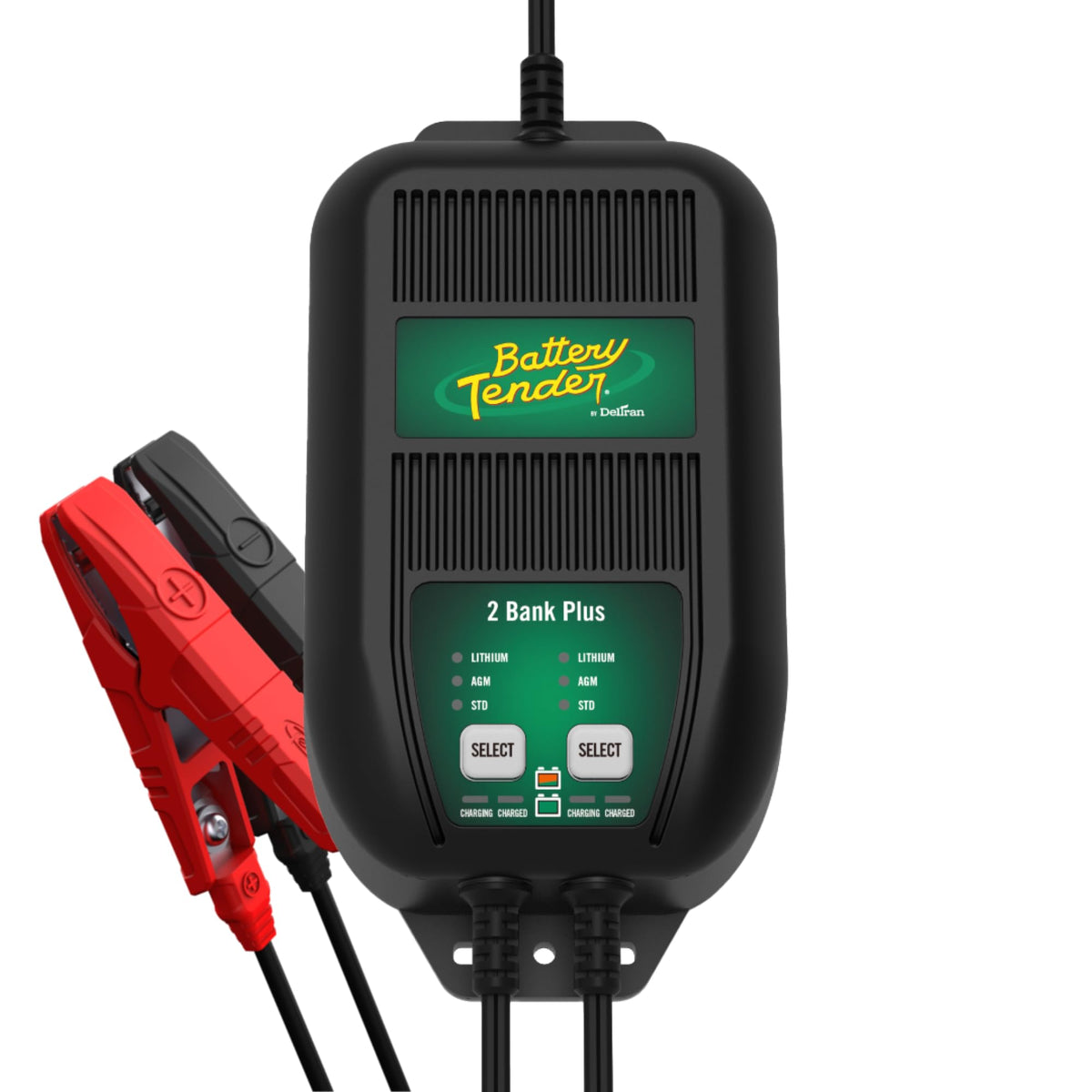 Battery Tender Plus 2-Bank charger front view showing dual charging bays