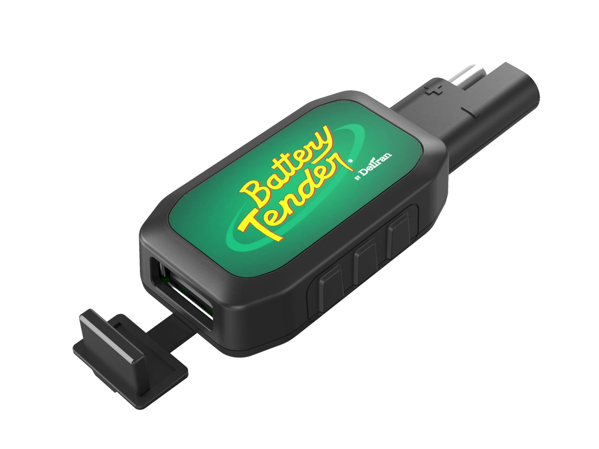 Battery Tender Quick Disconnect USB Charger Adapter front view enabling phone charging on the go.