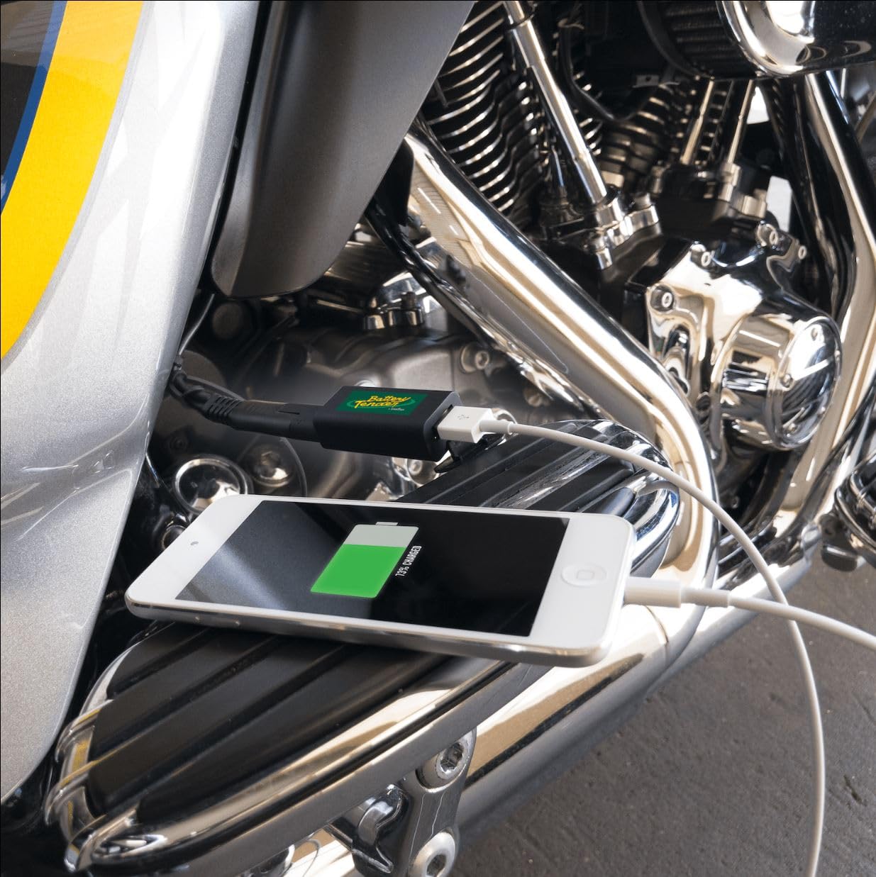  Battery Tender Quick Disconnect USB Charger Adapter in use powering a GPS outdoors.