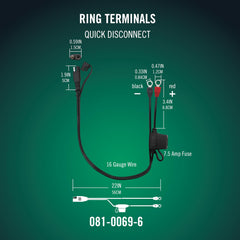 Battery Tender Ring Terminal Harness quick disconnect enables simple, repeatable battery charging.