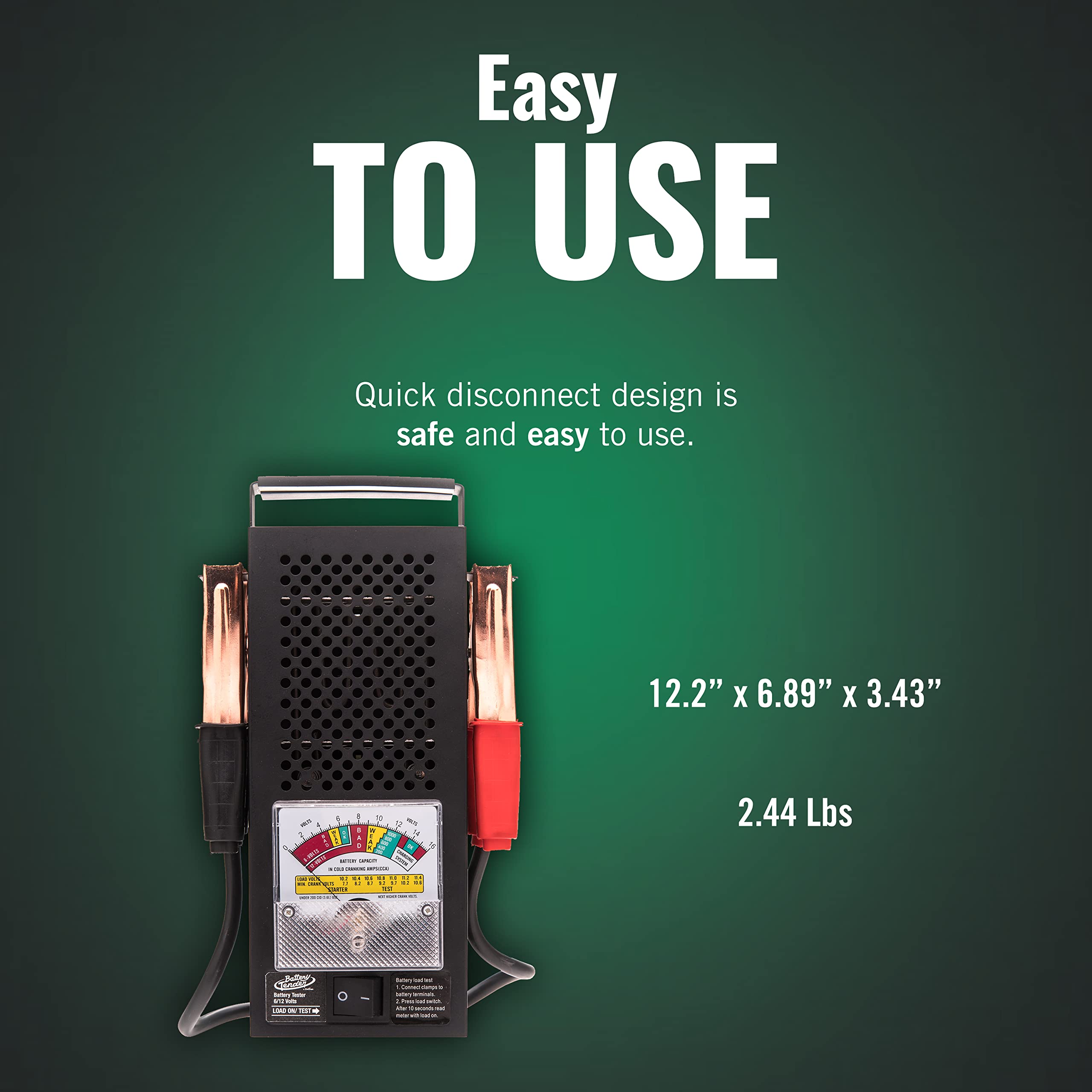Battery Tender with rubber handle and color-coded clamps for safe testing.