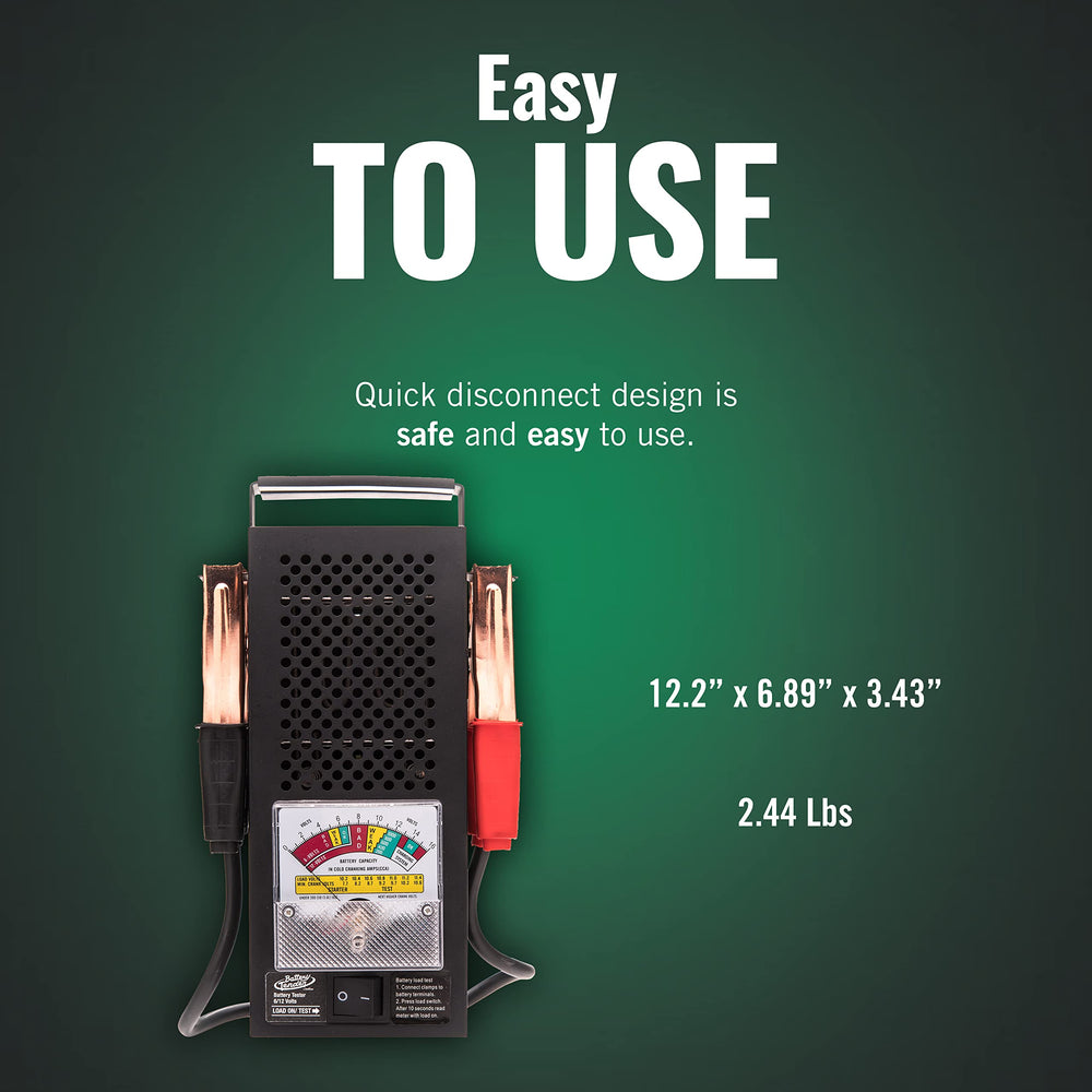 Battery Tender with rubber handle and color-coded clamps for safe testing.