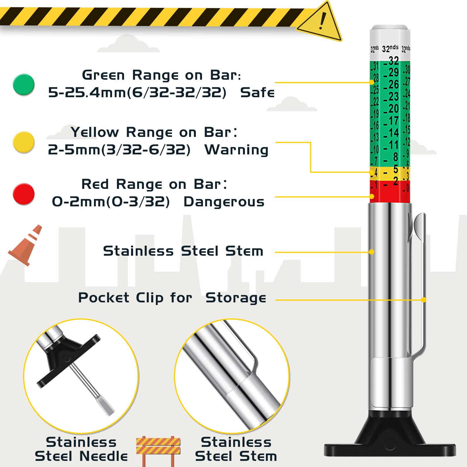 BBTO color-coded tire depth reader shows red/yellow/green ranges at a glance.
