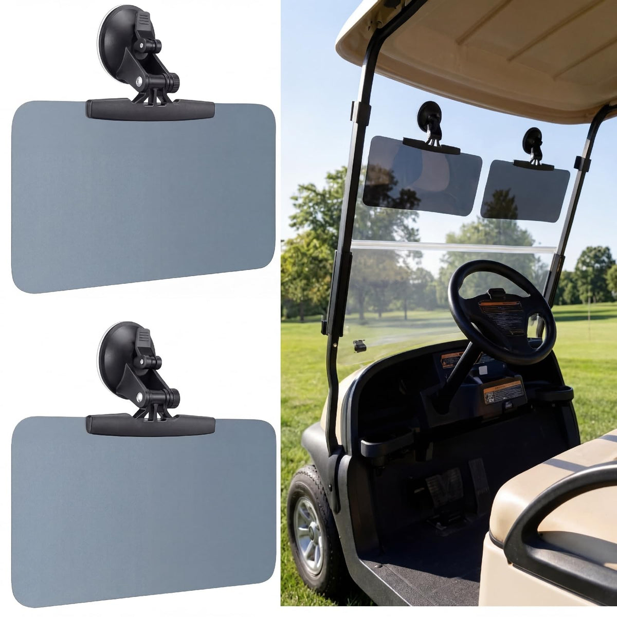 BBTO golf cart sun visor two-pack blocks glare for comfortable rides.