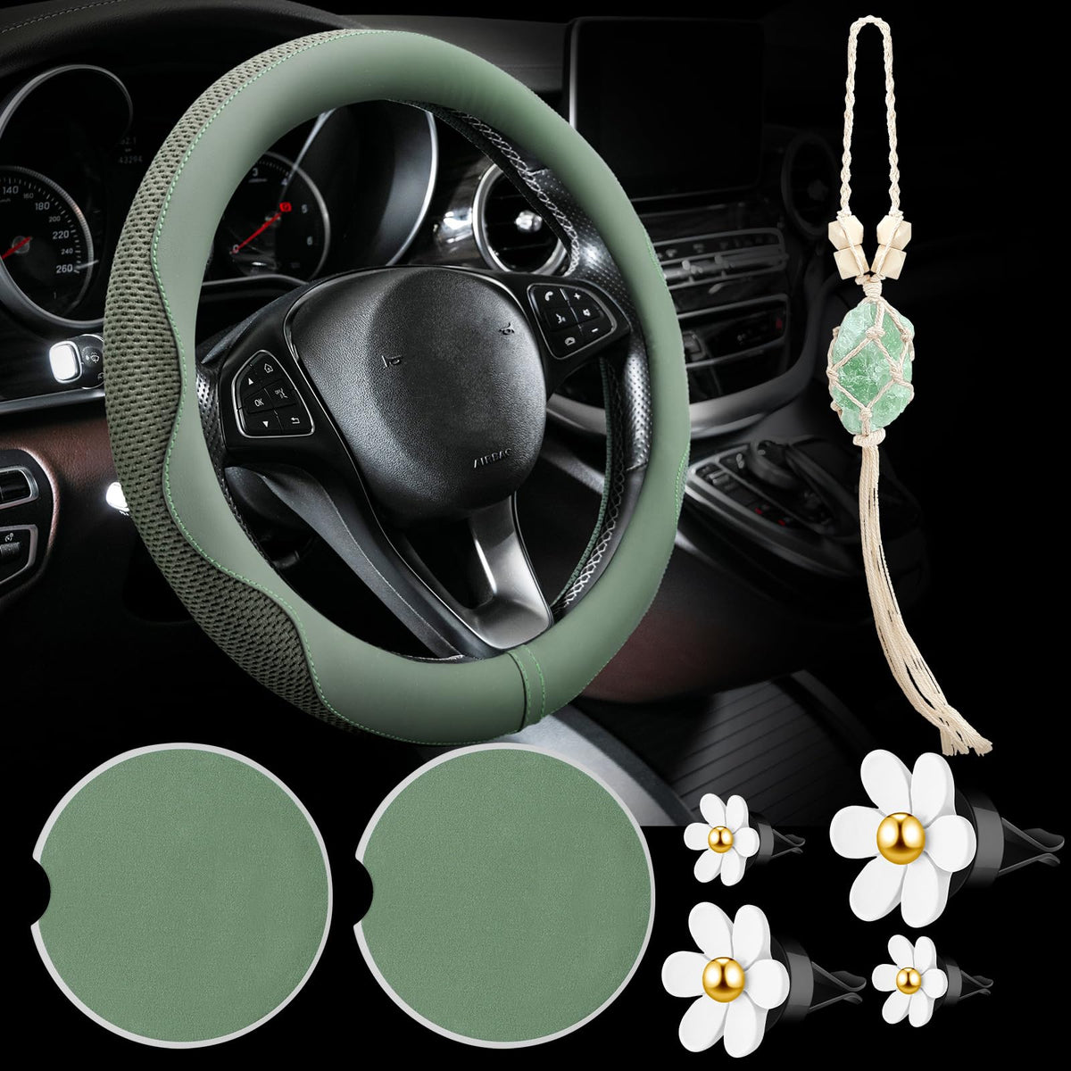 BBTO steering wheel cover in sage green improves grip and interior style