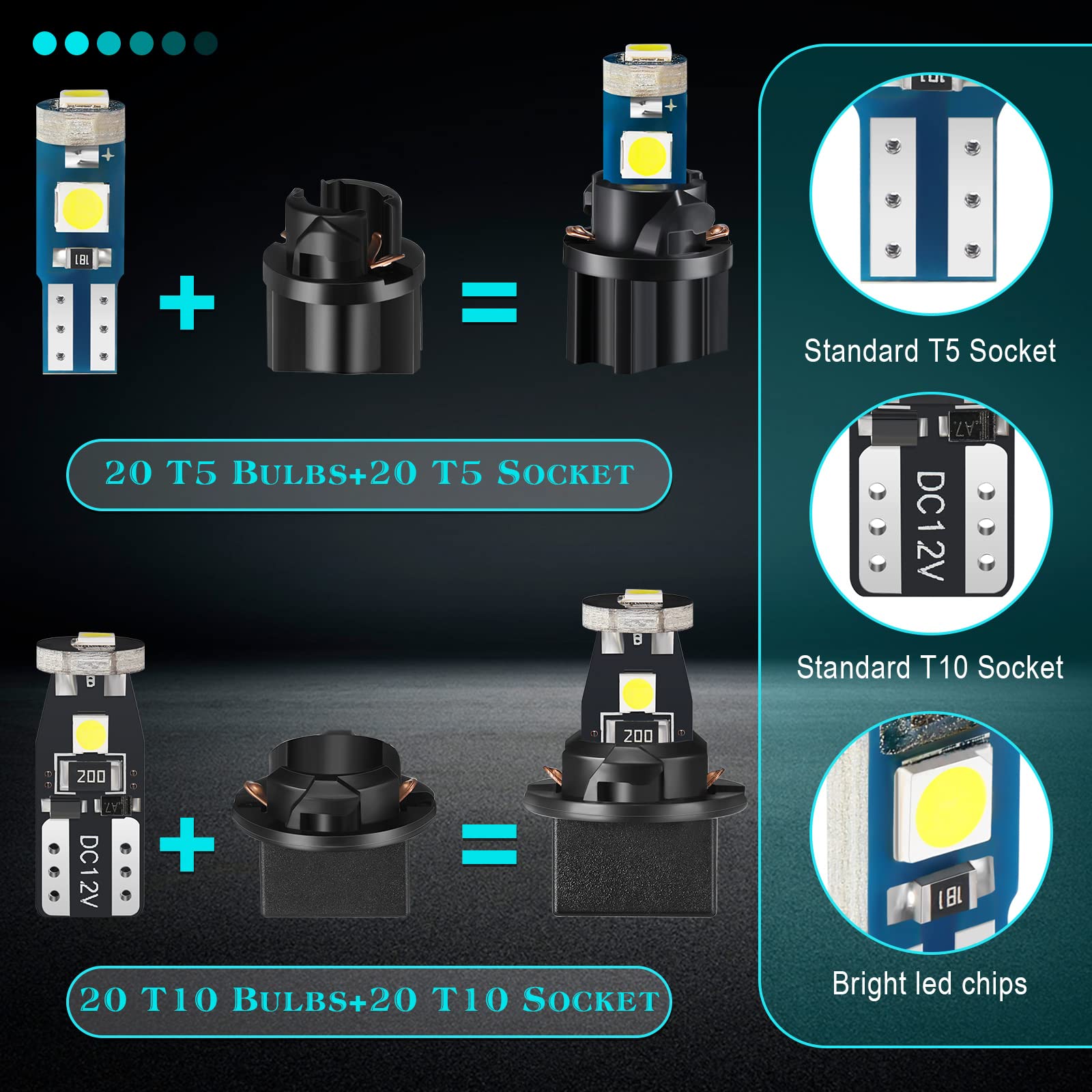 BBTO T5 LED bulbs for dashboard with bright white illumination
