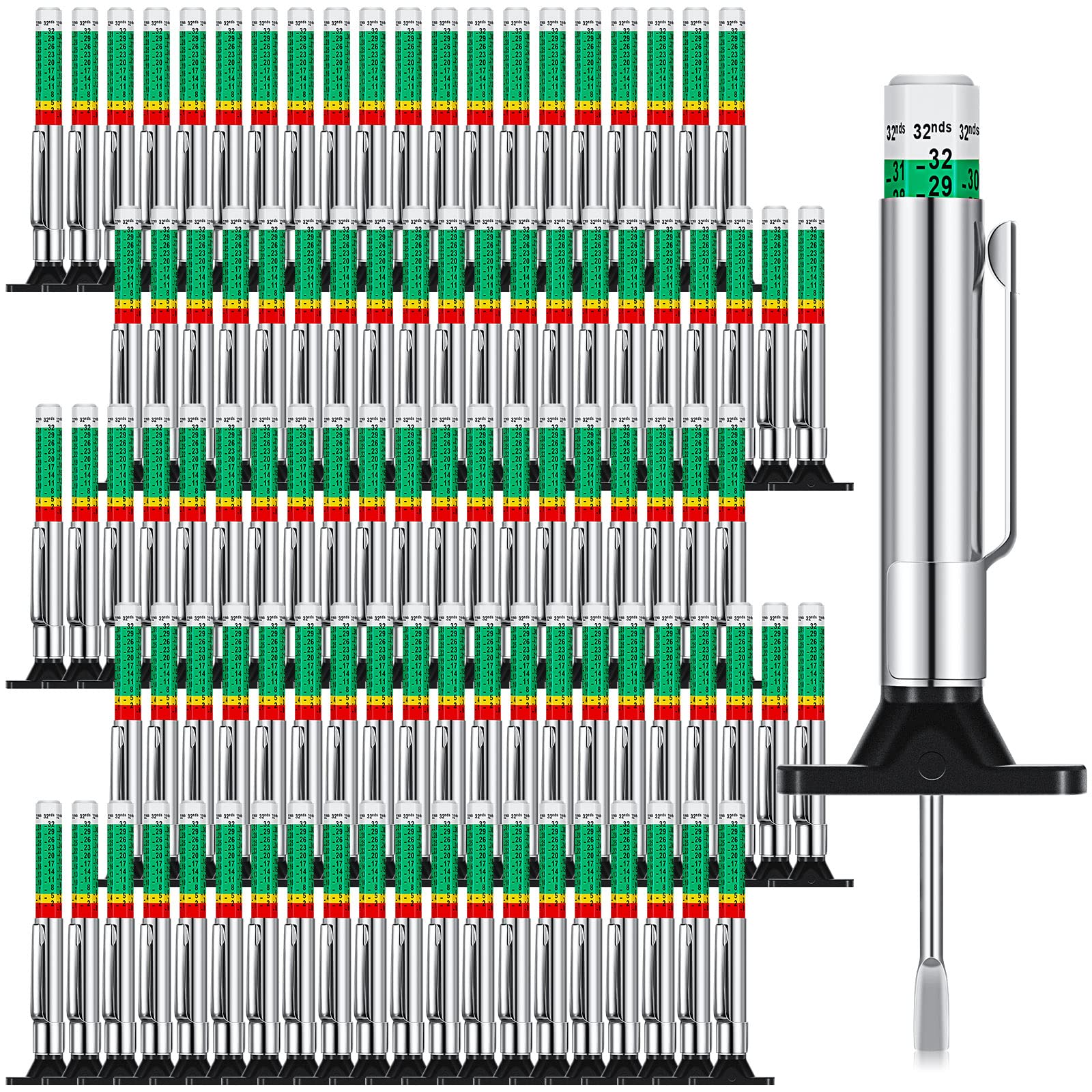 BBTO tyre tread-depth gauge 100-pack with color bands for quick checks.