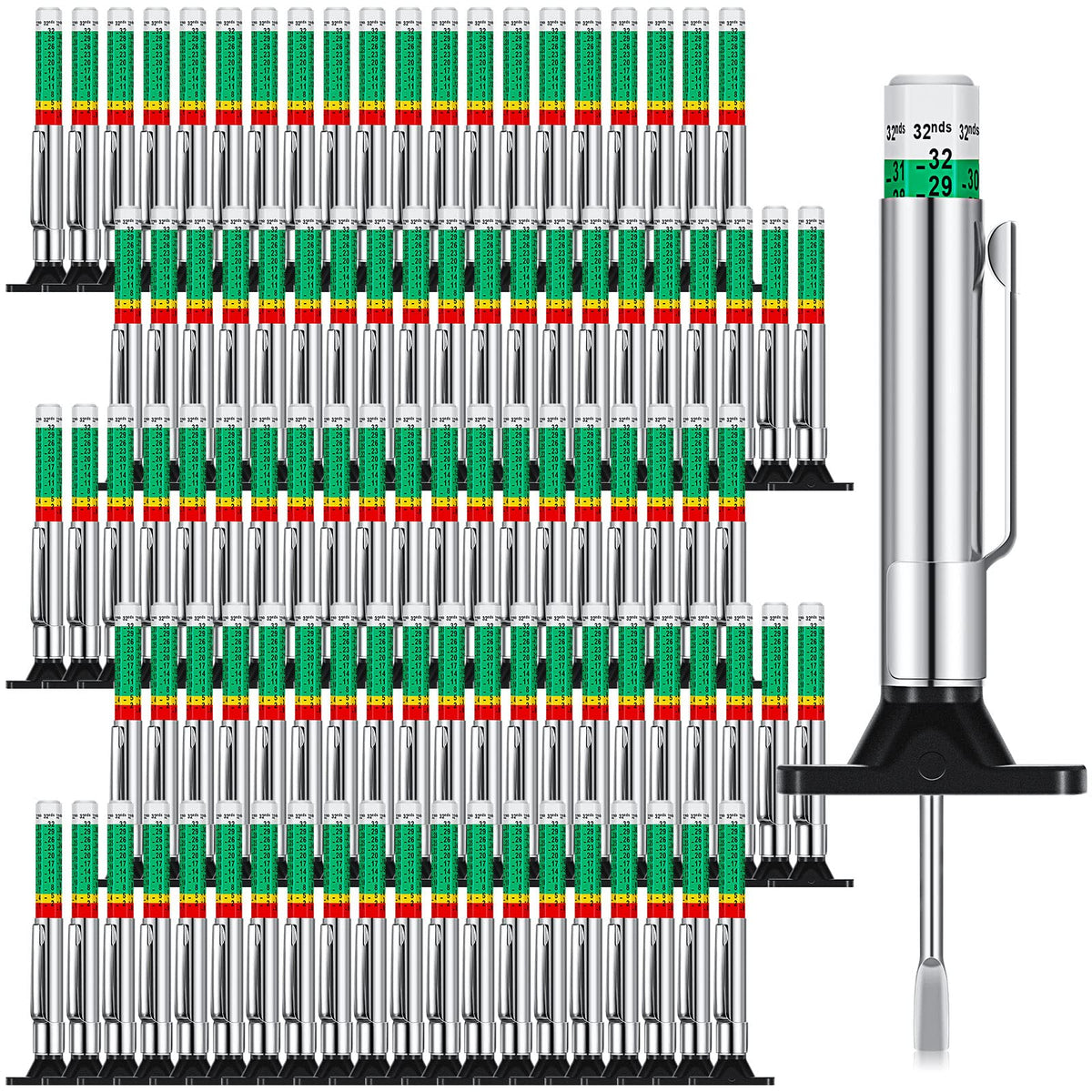 BBTO tyre tread-depth gauge 100-pack with color bands for quick checks.