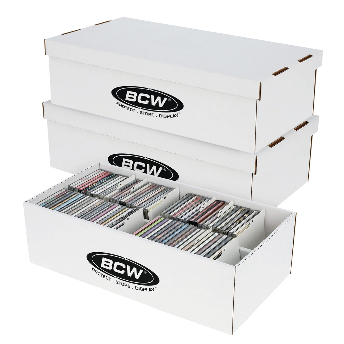 BCW CD storage box with lid—cover view, compact protection for up to 100 jewel cases.
