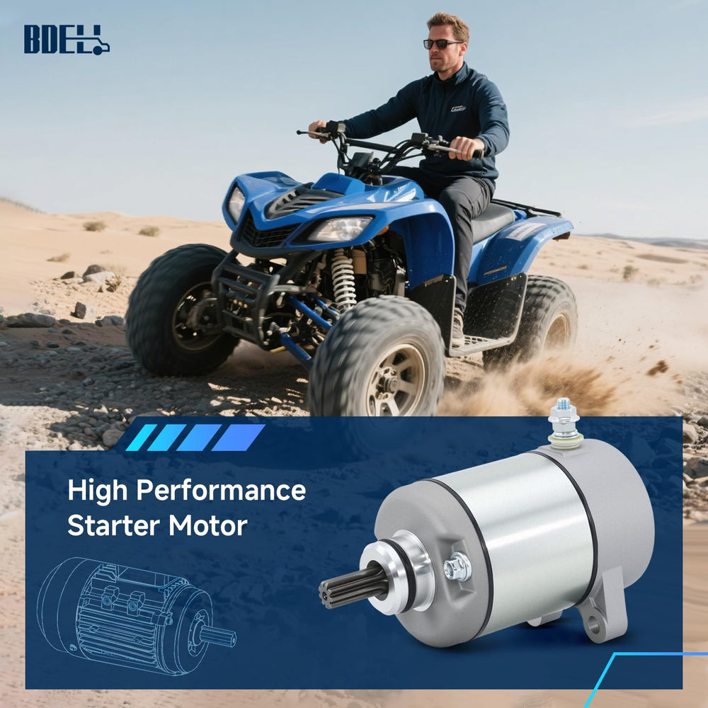 12V starter assembly showing rugged metal construction.
