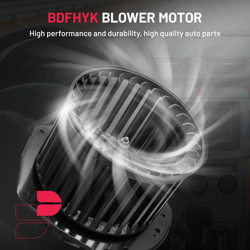BDFHYK blower motor in vehicle dashboard view, steady airflow for climate control.