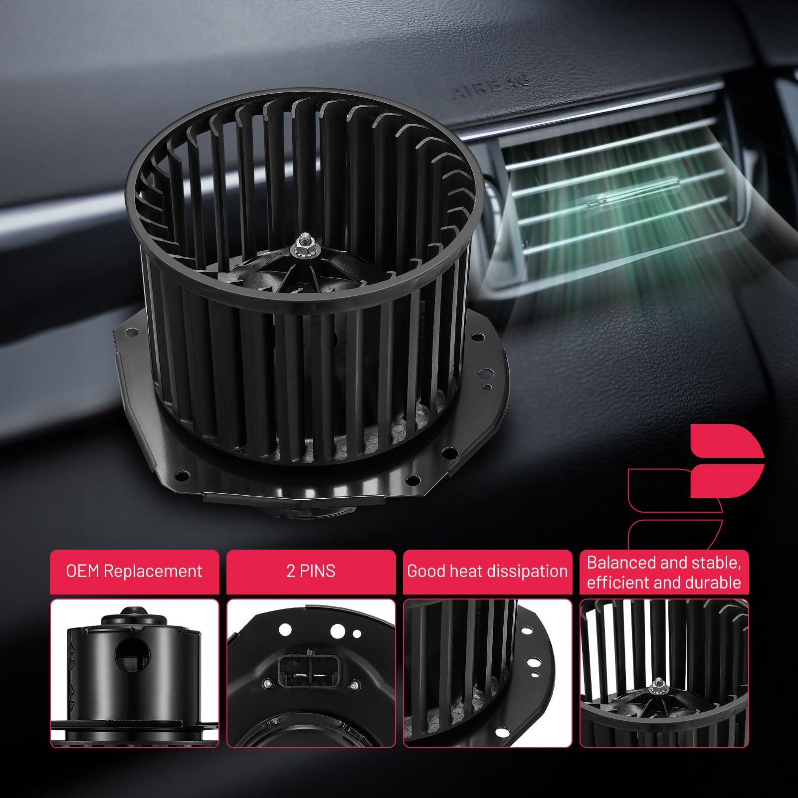 BDFHYK blower motor rear view, reinforced shaft supports quiet operation at all speeds.