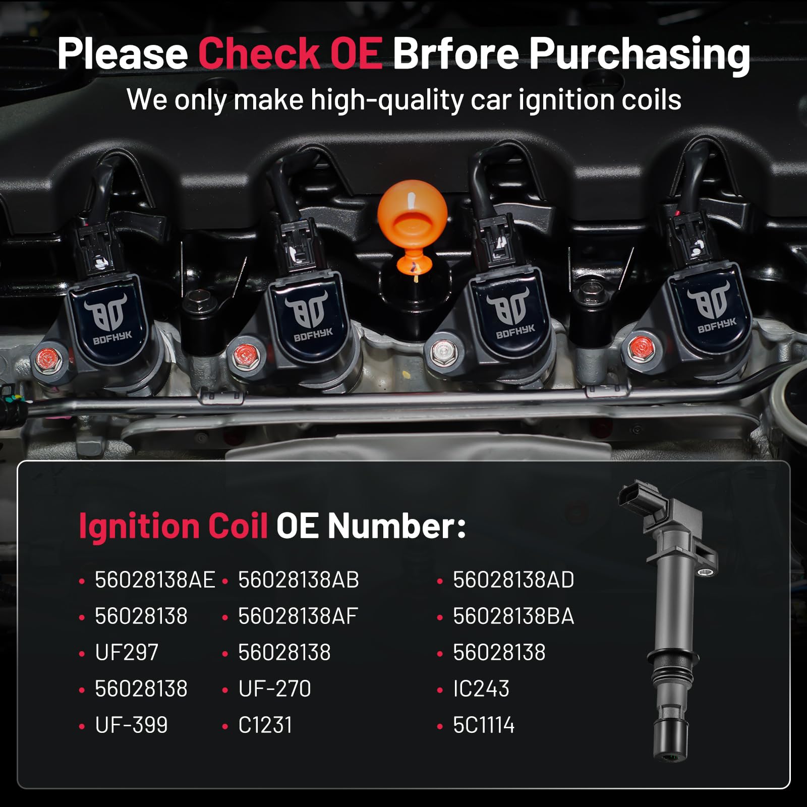 BDFHYK coil pack material detail highlighting German PBT and US PPO components.