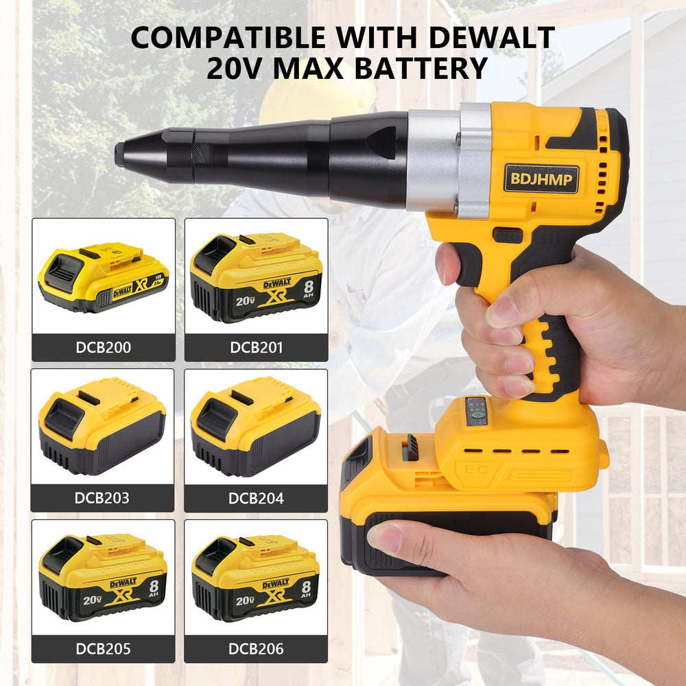 BDJHMP rivet gun shows compatibility with Dewalt 20V MAX battery for flexibility.