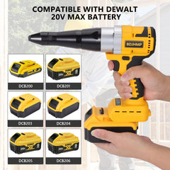 BDJHMP rivet gun shows compatibility with Dewalt 20V MAX battery for flexibility.