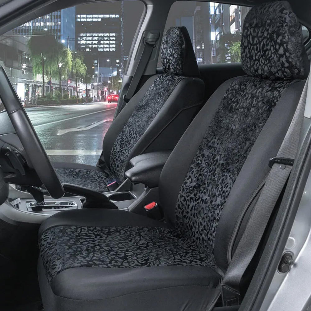 BDK Leopard front seat cover side view highlighting sideless design