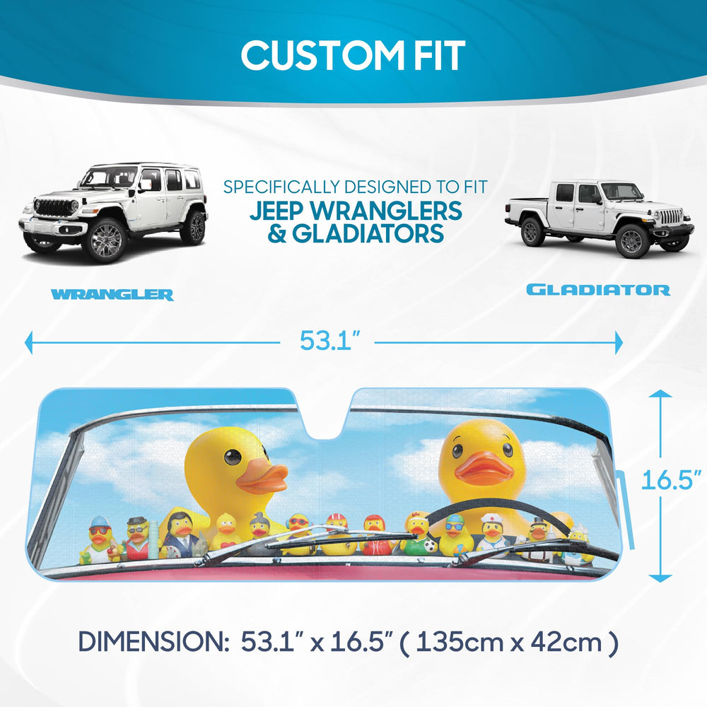 BDK Duck Duck Jeep Sun Shade demonstrates custom fit for Gladiator and Wrangler
