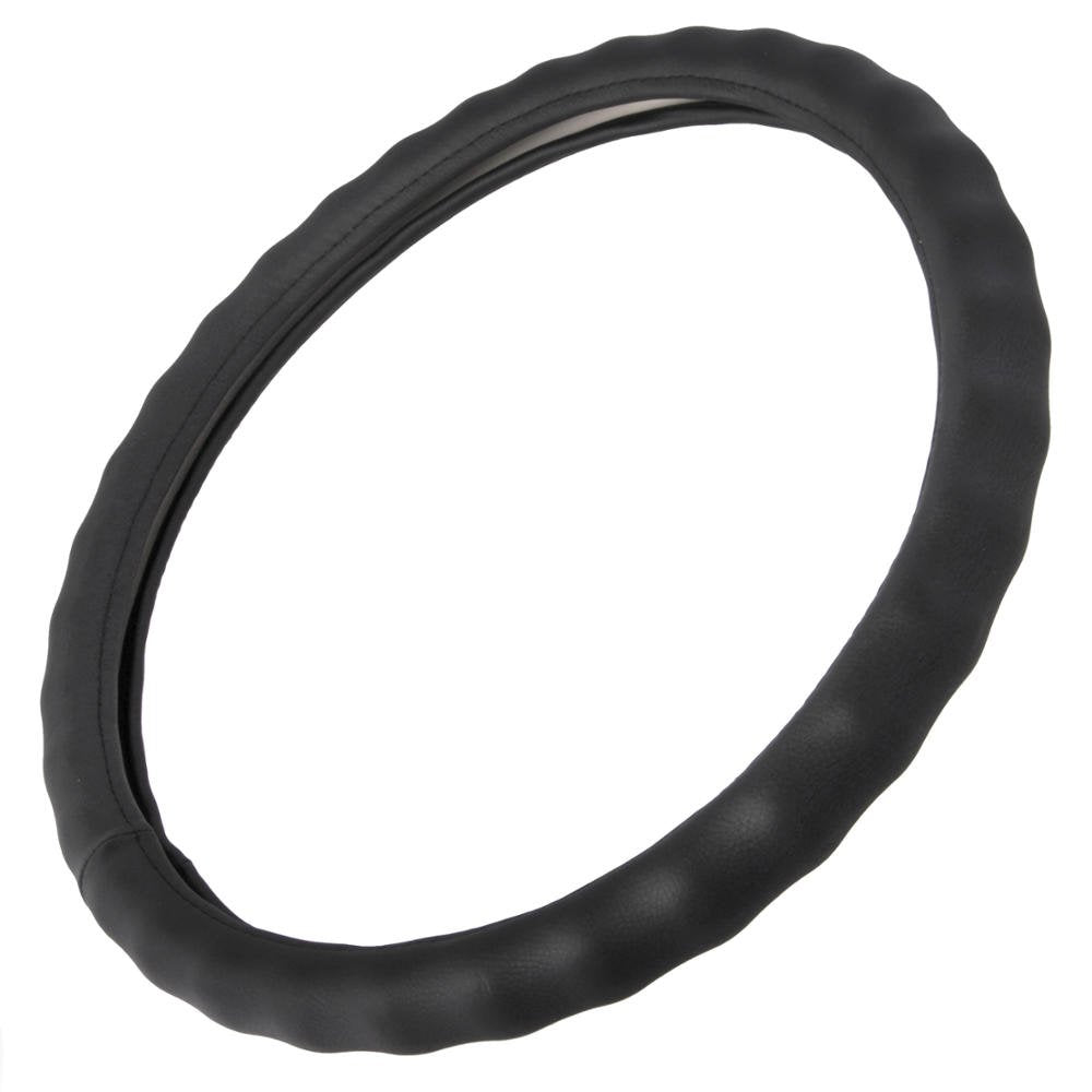 BDK black leather steering wheel cover front view, fits 15-16 inches with enhanced grip.