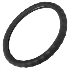 BDK black leather steering wheel cover front view, fits 15-16 inches with enhanced grip.